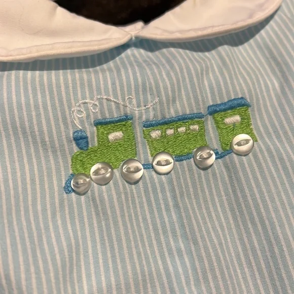 Petit ami blue and white train onesie size 3 months